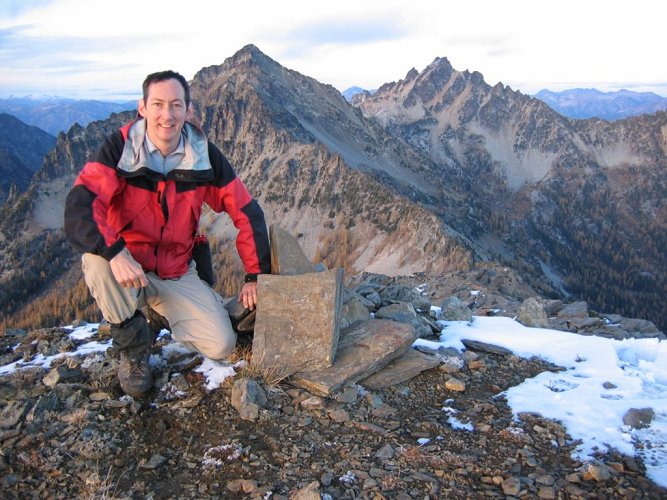 The sun had set by now, but my camera did a great job of picking up the reflected glow from the sky for a picture of me by the Gopher summit cairn.